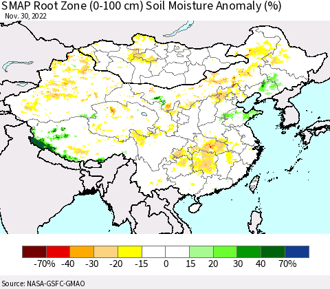 China, Mongolia and Taiwan SMAP Root Zone (0-100 cm) Soil Moisture Anomaly (%) Thematic Map For 11/26/2022 - 11/30/2022