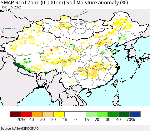 China, Mongolia and Taiwan SMAP Root Zone (0-100 cm) Soil Moisture Anomaly (%) Thematic Map For 12/11/2022 - 12/15/2022