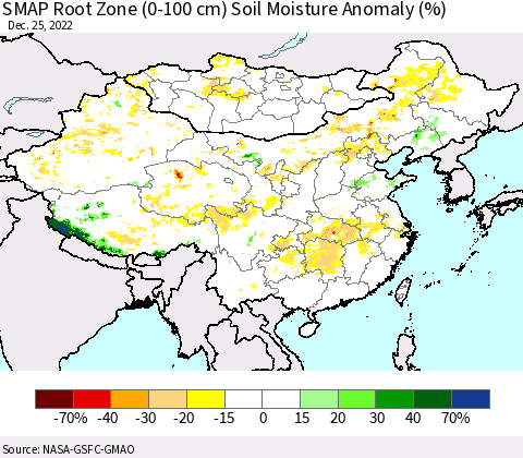 China, Mongolia and Taiwan SMAP Root Zone (0-100 cm) Soil Moisture Anomaly (%) Thematic Map For 12/21/2022 - 12/25/2022