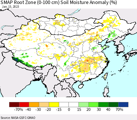 China, Mongolia and Taiwan SMAP Root Zone (0-100 cm) Soil Moisture Anomaly (%) Thematic Map For 1/11/2023 - 1/15/2023