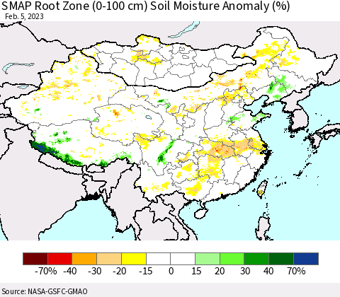 China, Mongolia and Taiwan SMAP Root Zone (0-100 cm) Soil Moisture Anomaly (%) Thematic Map For 2/1/2023 - 2/5/2023