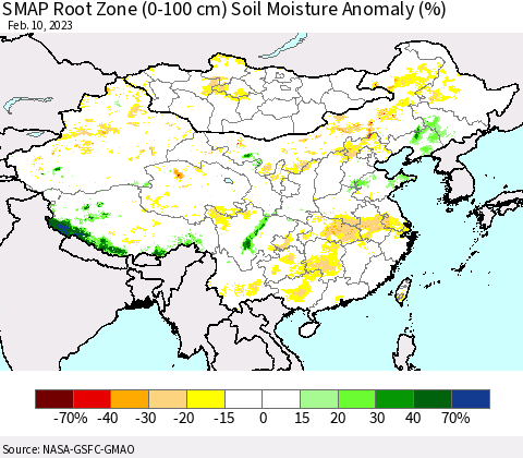 China, Mongolia and Taiwan SMAP Root Zone (0-100 cm) Soil Moisture Anomaly (%) Thematic Map For 2/6/2023 - 2/10/2023
