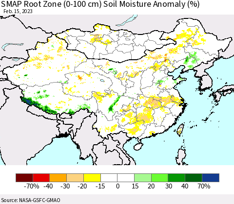 China, Mongolia and Taiwan SMAP Root Zone (0-100 cm) Soil Moisture Anomaly (%) Thematic Map For 2/11/2023 - 2/15/2023