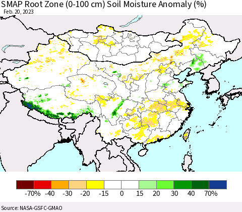China, Mongolia and Taiwan SMAP Root Zone (0-100 cm) Soil Moisture Anomaly (%) Thematic Map For 2/16/2023 - 2/20/2023