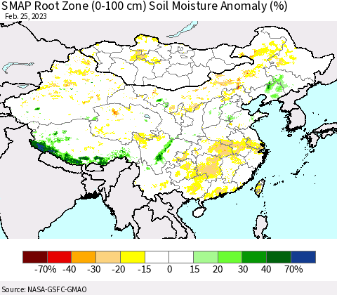 China, Mongolia and Taiwan SMAP Root Zone (0-100 cm) Soil Moisture Anomaly (%) Thematic Map For 2/21/2023 - 2/25/2023