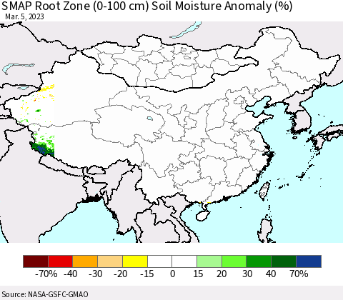 China, Mongolia and Taiwan SMAP Root Zone (0-100 cm) Soil Moisture Anomaly (%) Thematic Map For 3/1/2023 - 3/5/2023