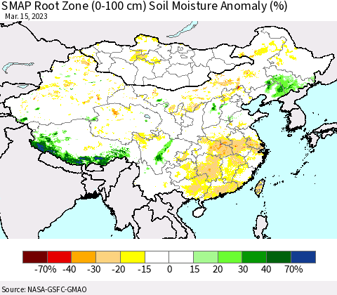 China, Mongolia and Taiwan SMAP Root Zone (0-100 cm) Soil Moisture Anomaly (%) Thematic Map For 3/11/2023 - 3/15/2023