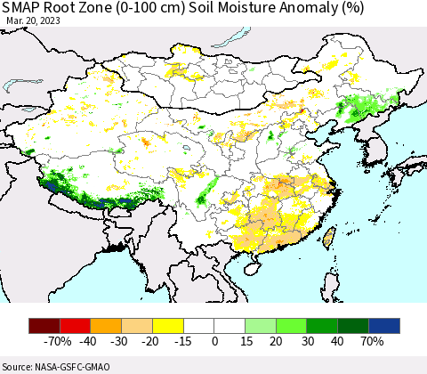 China, Mongolia and Taiwan SMAP Root Zone (0-100 cm) Soil Moisture Anomaly (%) Thematic Map For 3/16/2023 - 3/20/2023