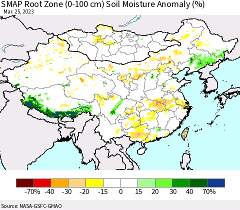 China, Mongolia and Taiwan SMAP Root Zone (0-100 cm) Soil Moisture Anomaly (%) Thematic Map For 3/21/2023 - 3/25/2023
