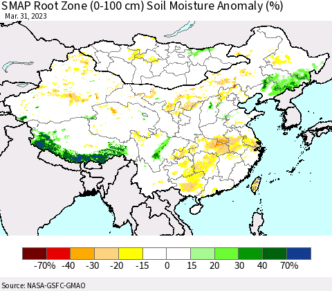 China, Mongolia and Taiwan SMAP Root Zone (0-100 cm) Soil Moisture Anomaly (%) Thematic Map For 3/26/2023 - 3/31/2023