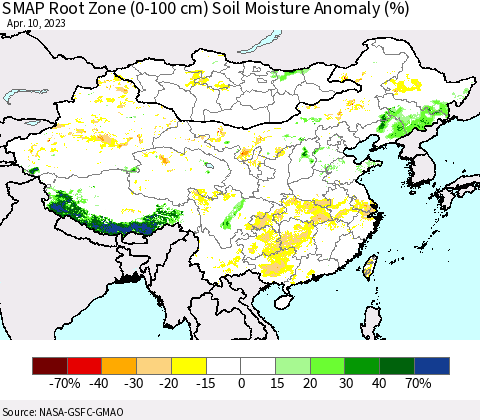 China, Mongolia and Taiwan SMAP Root Zone (0-100 cm) Soil Moisture Anomaly (%) Thematic Map For 4/6/2023 - 4/10/2023