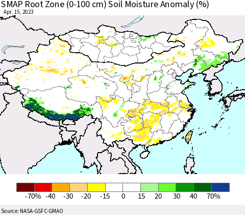 China, Mongolia and Taiwan SMAP Root Zone (0-100 cm) Soil Moisture Anomaly (%) Thematic Map For 4/11/2023 - 4/15/2023