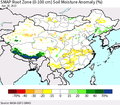 China, Mongolia and Taiwan SMAP Root Zone (0-100 cm) Soil Moisture Anomaly (%) Thematic Map For 4/16/2023 - 4/20/2023