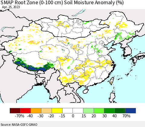 China, Mongolia and Taiwan SMAP Root Zone (0-100 cm) Soil Moisture Anomaly (%) Thematic Map For 4/21/2023 - 4/25/2023
