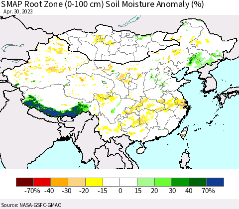 China, Mongolia and Taiwan SMAP Root Zone (0-100 cm) Soil Moisture Anomaly (%) Thematic Map For 4/26/2023 - 4/30/2023