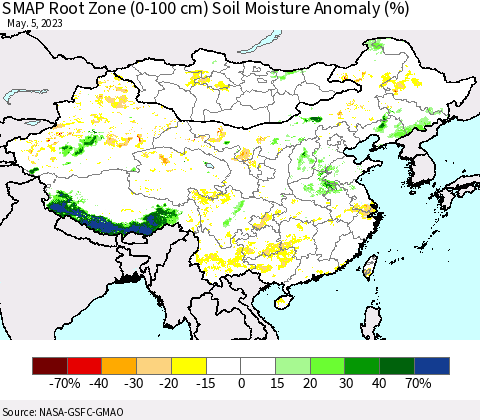 China, Mongolia and Taiwan SMAP Root Zone (0-100 cm) Soil Moisture Anomaly (%) Thematic Map For 5/1/2023 - 5/5/2023