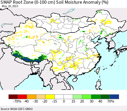 China, Mongolia and Taiwan SMAP Root Zone (0-100 cm) Soil Moisture Anomaly (%) Thematic Map For 5/6/2023 - 5/10/2023