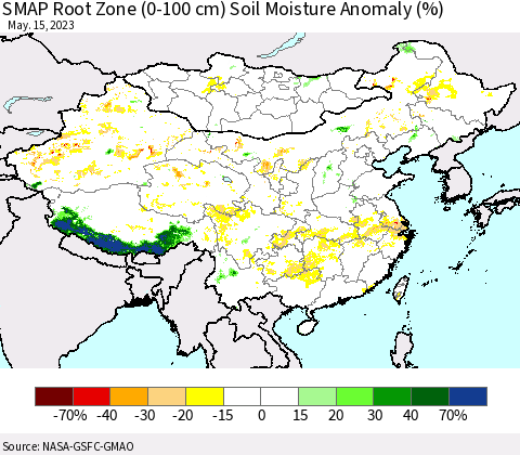 China, Mongolia and Taiwan SMAP Root Zone (0-100 cm) Soil Moisture Anomaly (%) Thematic Map For 5/11/2023 - 5/15/2023