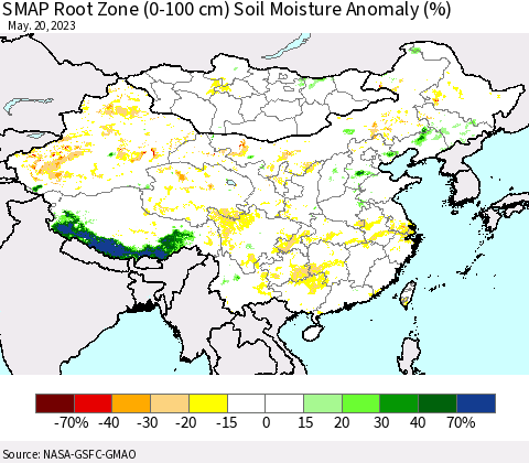 China, Mongolia and Taiwan SMAP Root Zone (0-100 cm) Soil Moisture Anomaly (%) Thematic Map For 5/16/2023 - 5/20/2023
