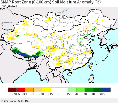 China, Mongolia and Taiwan SMAP Root Zone (0-100 cm) Soil Moisture Anomaly (%) Thematic Map For 5/21/2023 - 5/25/2023