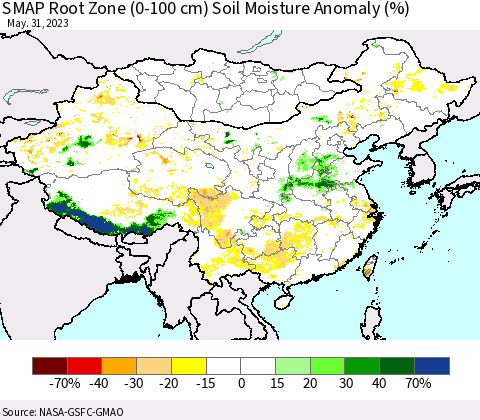 China, Mongolia and Taiwan SMAP Root Zone (0-100 cm) Soil Moisture Anomaly (%) Thematic Map For 5/26/2023 - 5/31/2023