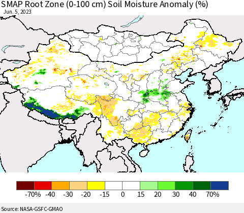 China, Mongolia and Taiwan SMAP Root Zone (0-100 cm) Soil Moisture Anomaly (%) Thematic Map For 6/1/2023 - 6/5/2023