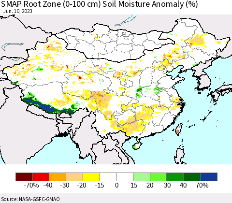 China, Mongolia and Taiwan SMAP Root Zone (0-100 cm) Soil Moisture Anomaly (%) Thematic Map For 6/6/2023 - 6/10/2023