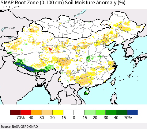 China, Mongolia and Taiwan SMAP Root Zone (0-100 cm) Soil Moisture Anomaly (%) Thematic Map For 6/11/2023 - 6/15/2023
