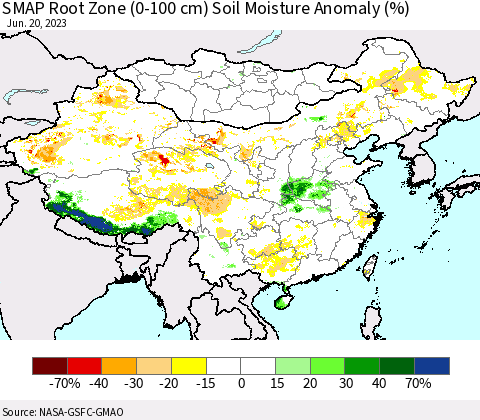 China, Mongolia and Taiwan SMAP Root Zone (0-100 cm) Soil Moisture Anomaly (%) Thematic Map For 6/16/2023 - 6/20/2023