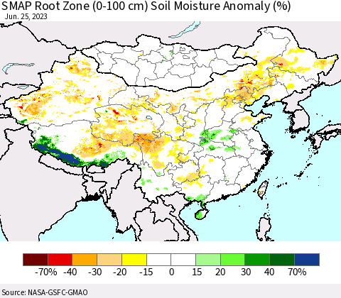 China, Mongolia and Taiwan SMAP Root Zone (0-100 cm) Soil Moisture Anomaly (%) Thematic Map For 6/21/2023 - 6/25/2023