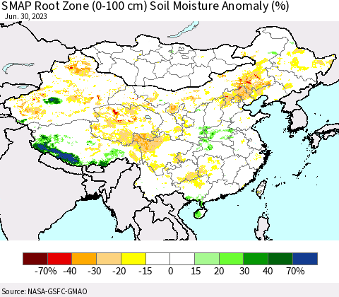 China, Mongolia and Taiwan SMAP Root Zone (0-100 cm) Soil Moisture Anomaly (%) Thematic Map For 6/26/2023 - 6/30/2023