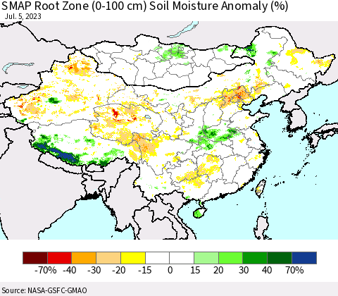 China, Mongolia and Taiwan SMAP Root Zone (0-100 cm) Soil Moisture Anomaly (%) Thematic Map For 7/1/2023 - 7/5/2023