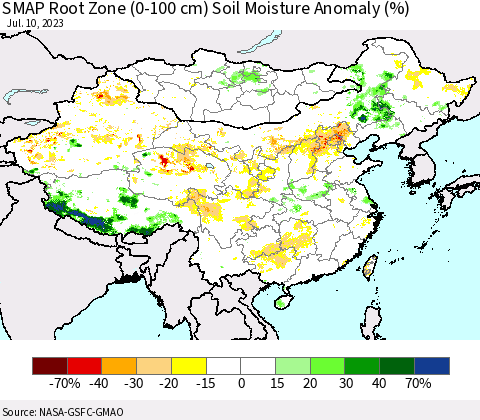 China, Mongolia and Taiwan SMAP Root Zone (0-100 cm) Soil Moisture Anomaly (%) Thematic Map For 7/6/2023 - 7/10/2023