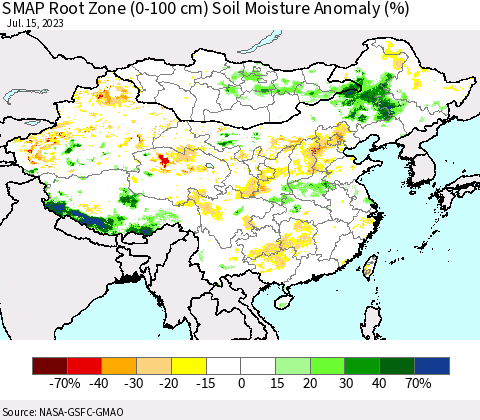 China, Mongolia and Taiwan SMAP Root Zone (0-100 cm) Soil Moisture Anomaly (%) Thematic Map For 7/11/2023 - 7/15/2023