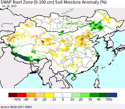 China, Mongolia and Taiwan SMAP Root Zone (0-100 cm) Soil Moisture Anomaly (%) Thematic Map For 7/16/2023 - 7/20/2023