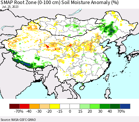 China, Mongolia and Taiwan SMAP Root Zone (0-100 cm) Soil Moisture Anomaly (%) Thematic Map For 7/21/2023 - 7/25/2023