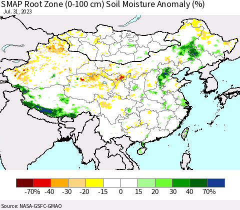 China, Mongolia and Taiwan SMAP Root Zone (0-100 cm) Soil Moisture Anomaly (%) Thematic Map For 7/26/2023 - 7/31/2023