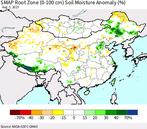 China, Mongolia and Taiwan SMAP Root Zone (0-100 cm) Soil Moisture Anomaly (%) Thematic Map For 8/1/2023 - 8/5/2023