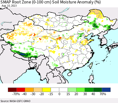 China, Mongolia and Taiwan SMAP Root Zone (0-100 cm) Soil Moisture Anomaly (%) Thematic Map For 8/6/2023 - 8/10/2023