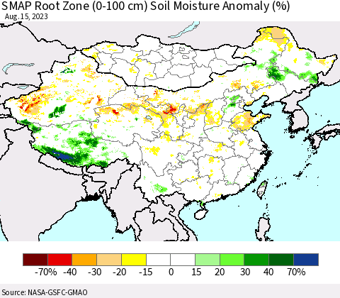 China, Mongolia and Taiwan SMAP Root Zone (0-100 cm) Soil Moisture Anomaly (%) Thematic Map For 8/11/2023 - 8/15/2023
