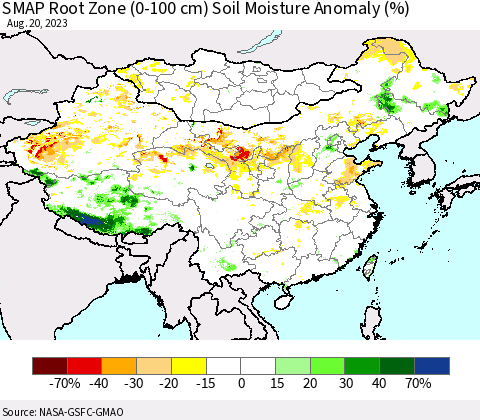 China, Mongolia and Taiwan SMAP Root Zone (0-100 cm) Soil Moisture Anomaly (%) Thematic Map For 8/16/2023 - 8/20/2023