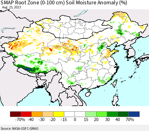 China, Mongolia and Taiwan SMAP Root Zone (0-100 cm) Soil Moisture Anomaly (%) Thematic Map For 8/21/2023 - 8/25/2023
