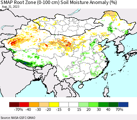 China, Mongolia and Taiwan SMAP Root Zone (0-100 cm) Soil Moisture Anomaly (%) Thematic Map For 8/26/2023 - 8/31/2023