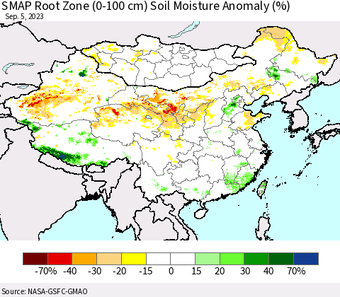 China, Mongolia and Taiwan SMAP Root Zone (0-100 cm) Soil Moisture Anomaly (%) Thematic Map For 9/1/2023 - 9/5/2023