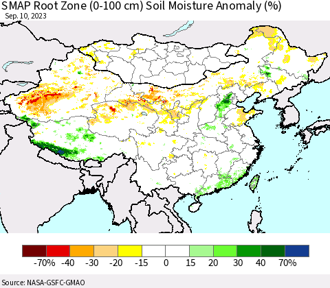 China, Mongolia and Taiwan SMAP Root Zone (0-100 cm) Soil Moisture Anomaly (%) Thematic Map For 9/6/2023 - 9/10/2023