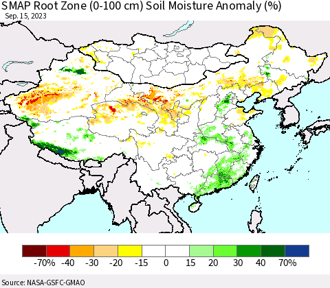 China, Mongolia and Taiwan SMAP Root Zone (0-100 cm) Soil Moisture Anomaly (%) Thematic Map For 9/11/2023 - 9/15/2023