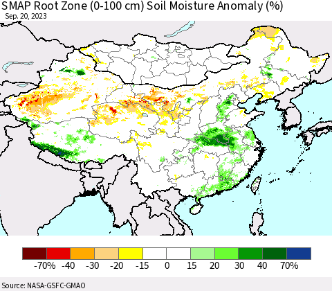 China, Mongolia and Taiwan SMAP Root Zone (0-100 cm) Soil Moisture Anomaly (%) Thematic Map For 9/16/2023 - 9/20/2023