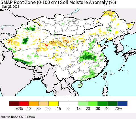 China, Mongolia and Taiwan SMAP Root Zone (0-100 cm) Soil Moisture Anomaly (%) Thematic Map For 9/21/2023 - 9/25/2023