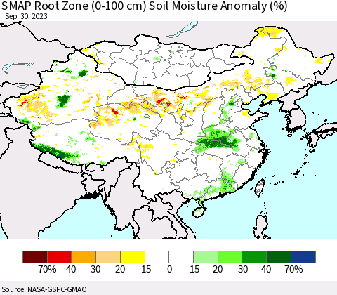China, Mongolia and Taiwan SMAP Root Zone (0-100 cm) Soil Moisture Anomaly (%) Thematic Map For 9/26/2023 - 9/30/2023