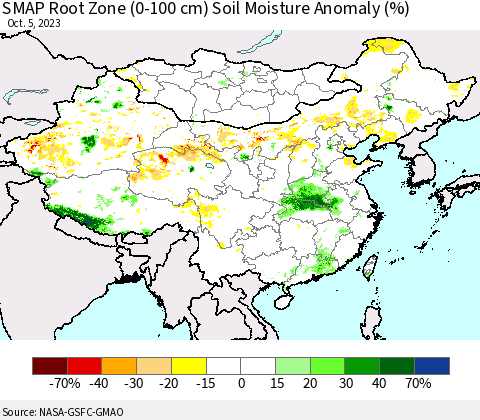 China, Mongolia and Taiwan SMAP Root Zone (0-100 cm) Soil Moisture Anomaly (%) Thematic Map For 10/1/2023 - 10/5/2023
